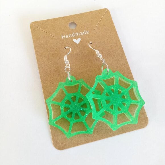 Neon green spider web glow in the dark Halloween dangle earrings new - Picture 6 of 6
